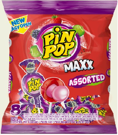 Pin Pop Maxx Assorted Fruit Flavoured Lollipops - 8.0'S - Case 20